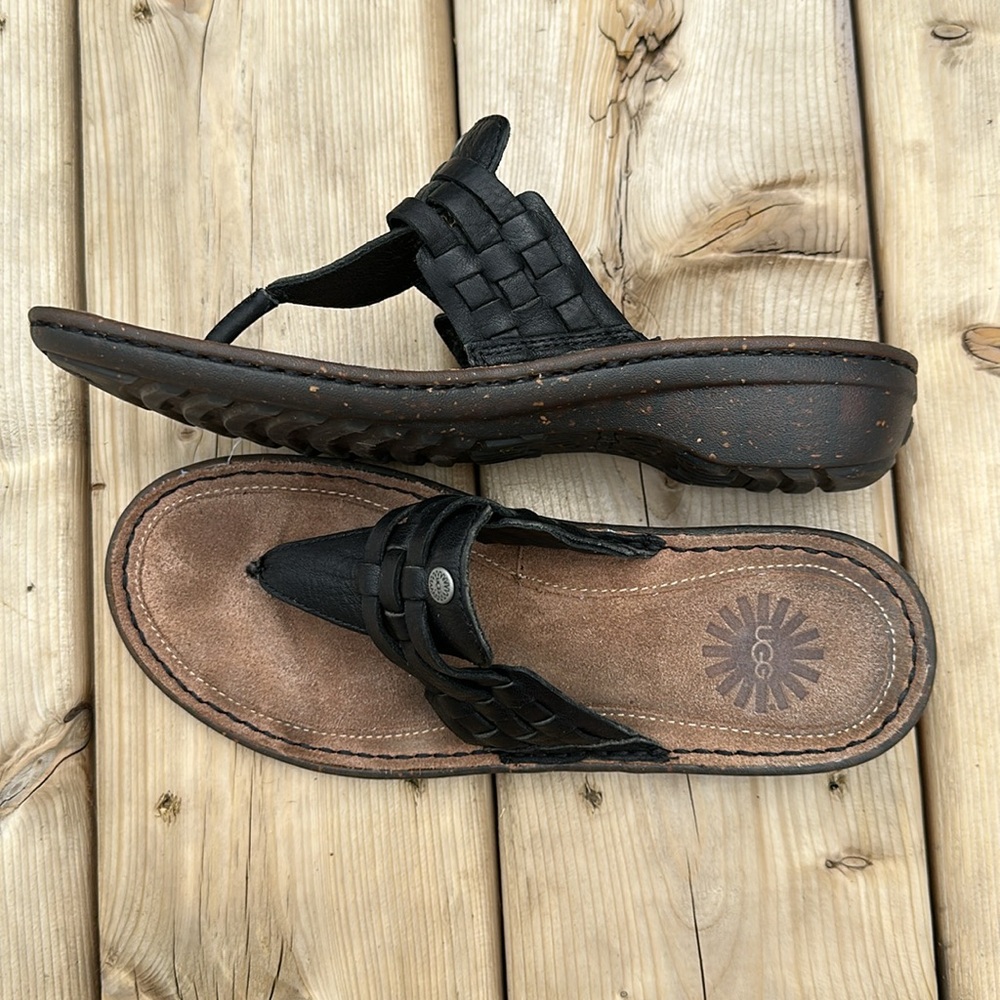 Sz 7 Ugg Jenaya Black Casual Leather Thong Sandals.
